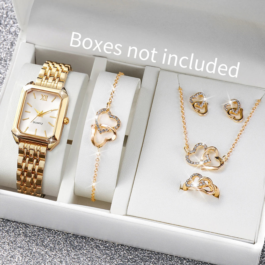 6PCS/Set Fashion Roma Dial Women Watches Ladies Rectangle Quartz Wristwatch Rhinestone Jewelry Set Reloj Mujer (Without Box) Qme 6PCS Set Without Box