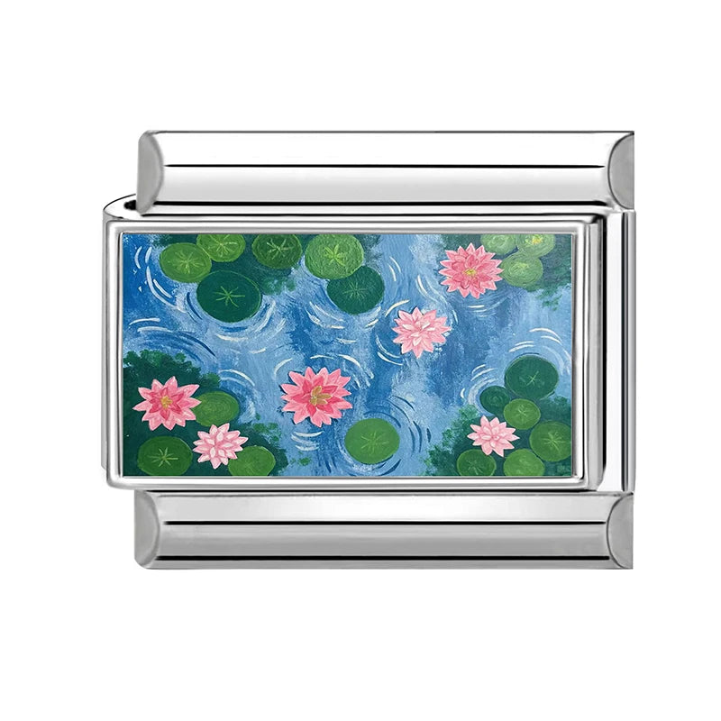 Romantic Summer Lotus Leafs Palette Flowers Cat Butterfly Italian Charm Links Fit 9mm Bracelet Stainless Steel Jewelry DIYMaking Qme S 1