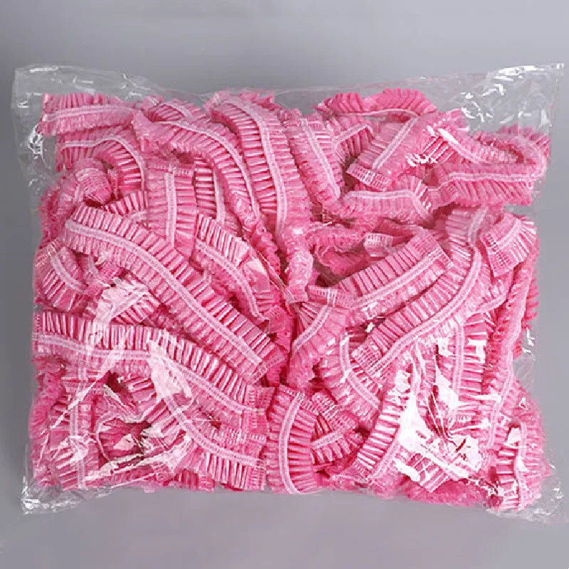 100pcs/set Disposable Shower Caps Plastic Waterproof Headgear Pink Spa Salon Hotel Hair Dye Women Elastic hair Cap Bathroom Qme