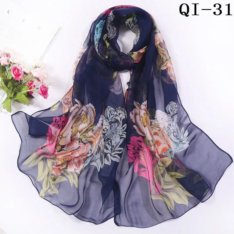Painting Lotus Beach Sun Protection Chiffon Georgette Scarf Women Foulard Scarf Shawls Female Long Wraps Beach Sunscreen Hijab Qme QI-31