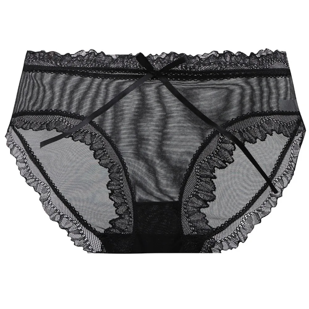 Sweet Low Waist Lace Panties Bow Cotton Crotch Mesh Briefs Ice Silk Qme Black 1XL 1pc