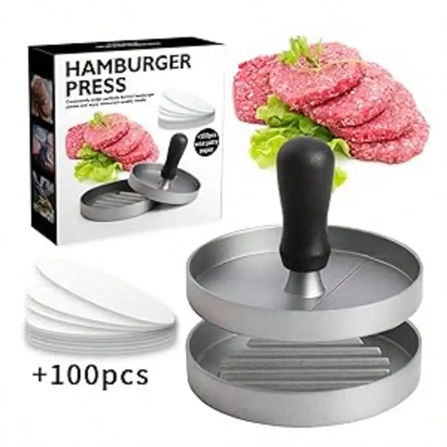 Hamburger Meat Press Aluminum Wooden Handle Manual Burger Maker Qme
