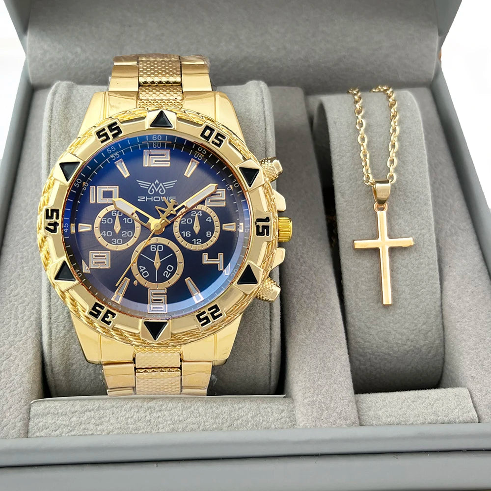 Men's Watch Set + Necklace with Cross Fashion Casual Stainless Steel Three-dial Quartz Watch Fathers Day Graduation Gift Set Qme
