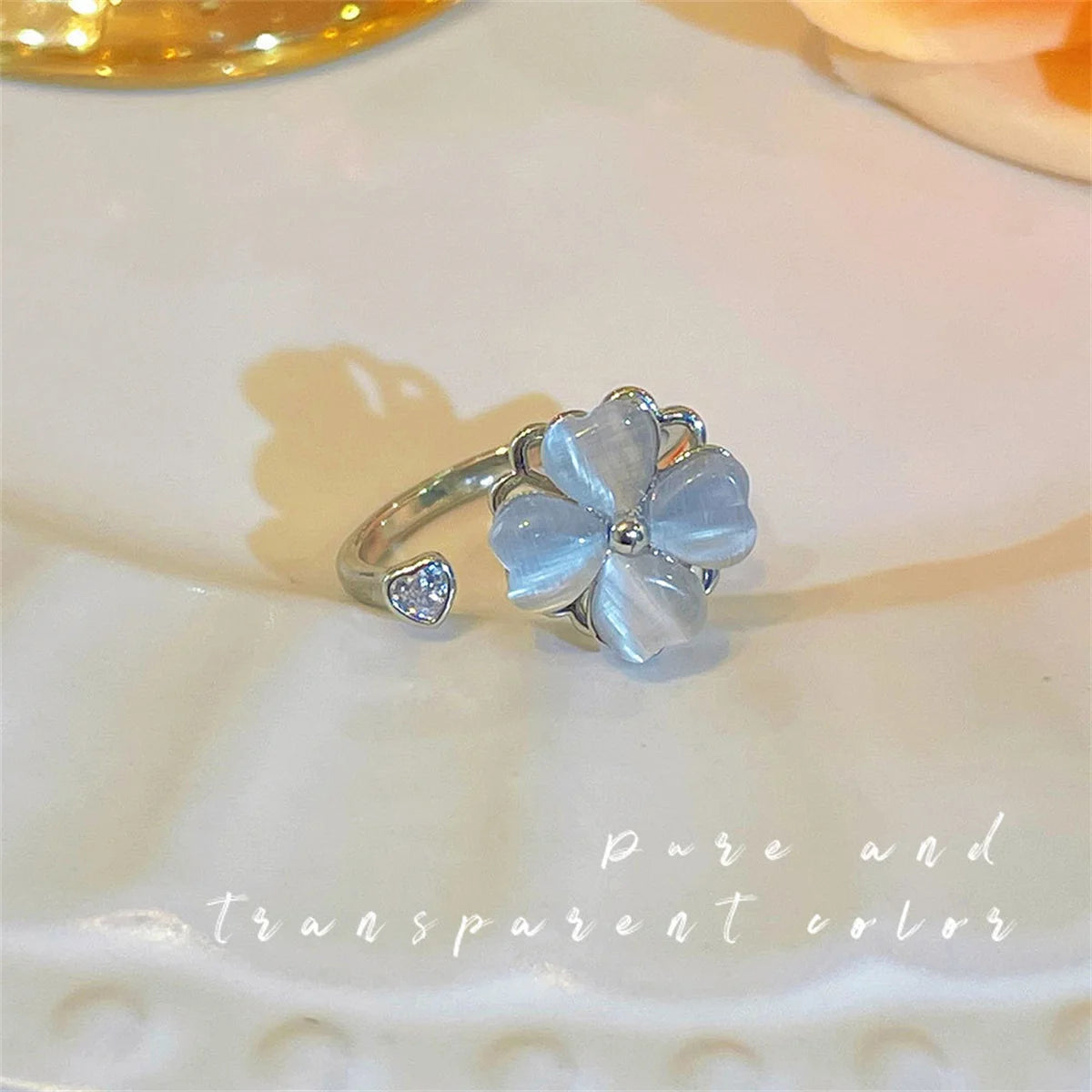 Cute Romantic Purple Four Leaf Zircon Flower Adjustable Rings for Women New Charm Gold Color Stainless Steel Finger Jewelry Gift Qme