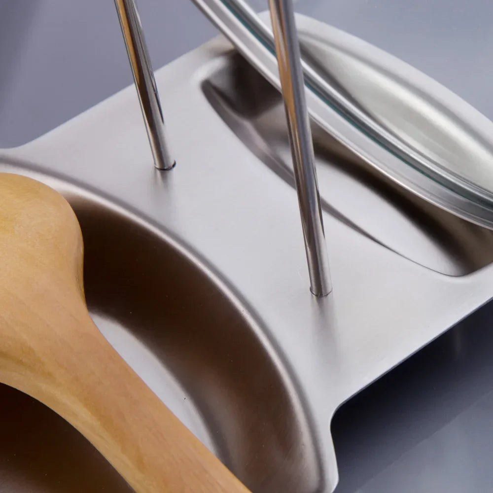 Stainless Steel Pan Pot Rack Cover Lid Rack Stand Spoon Holder Unique Design Holder Kitchen Tool Pot Lid Holder Spoon Rest Qme