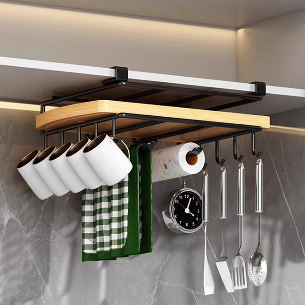 No-Drill Under Cabinet Hanging Rack Multi-Purpose Organizer for Cutting Boards & Pot Lids Space-Saving Kitchen Shelf Qme