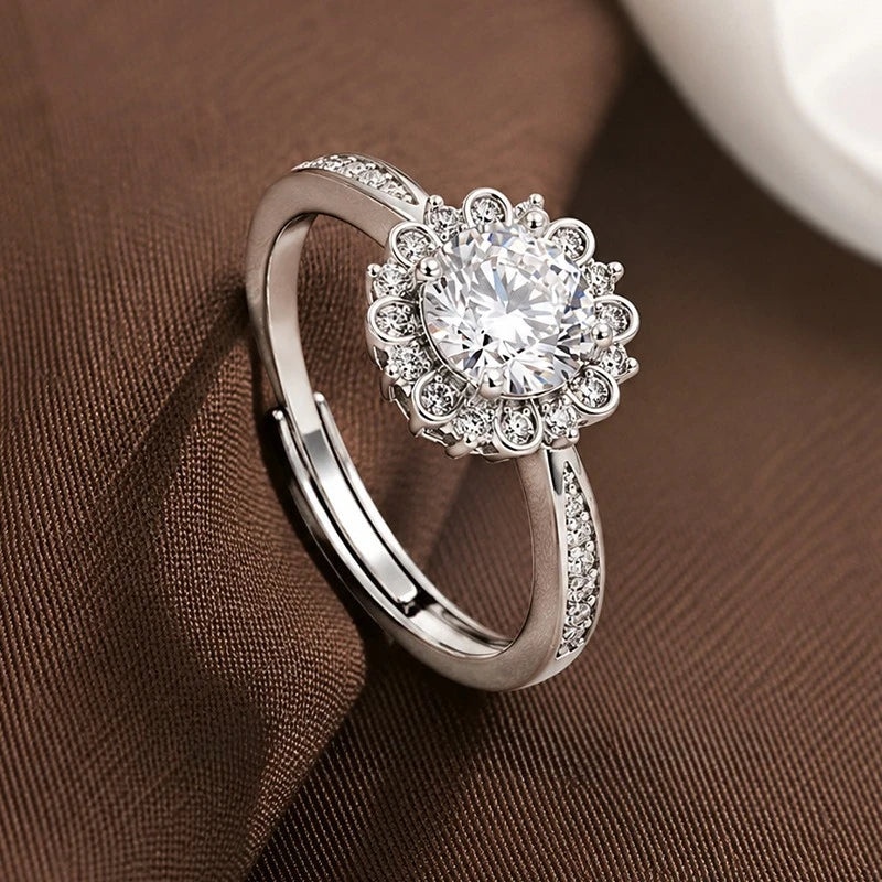 Sunflower Halo Cubic Zirconia Engagement Ring Adjustable Open Band Silver Tone Promise Wedding Band for Women Bridal Jewelry Qme