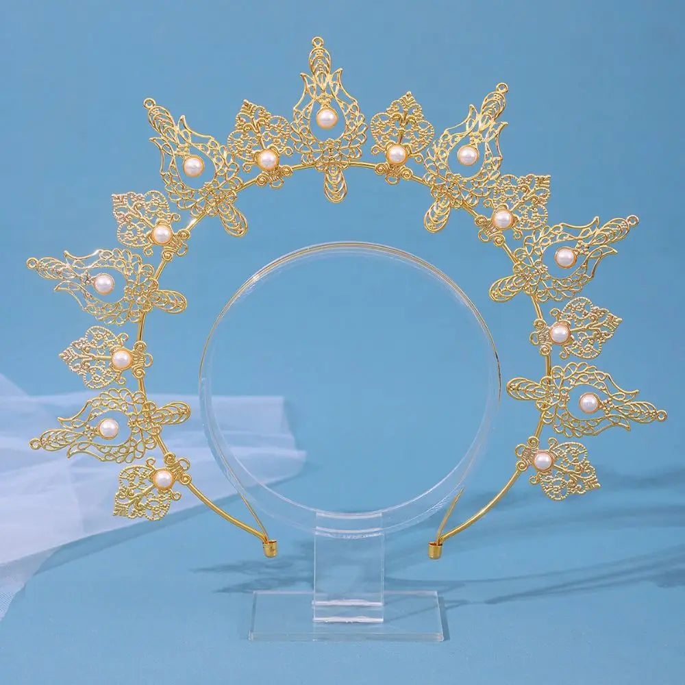 Gothic Gold Plated Halo Crown Vintage Faux Pearl Inlaid Sun Goddess Qme
