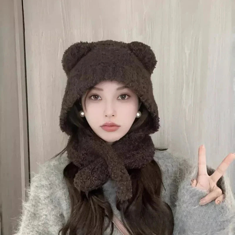Versatile Knitted Warm Neck Scarf Integrated Bear Ear Protection Hat Qme