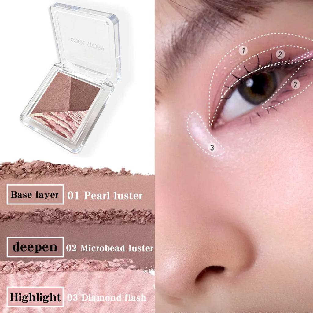 3 Color Eyeshadow Palette Pearlescent Matte Eye Shadow Diamond Flash Highlight Long-Lasting Base Deepen Brighten Eye Makeup Qme 03