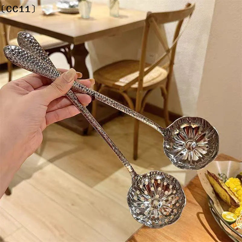 Stainless Steel Spoon Long Handle Soup Spoons Pot Scoops Colander Qme