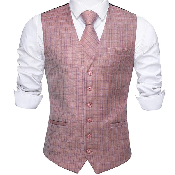 Men's Plaid Suit Vest V-neck Formal Waistcoat Tie Hankerchief Qme MJTZ2301 S