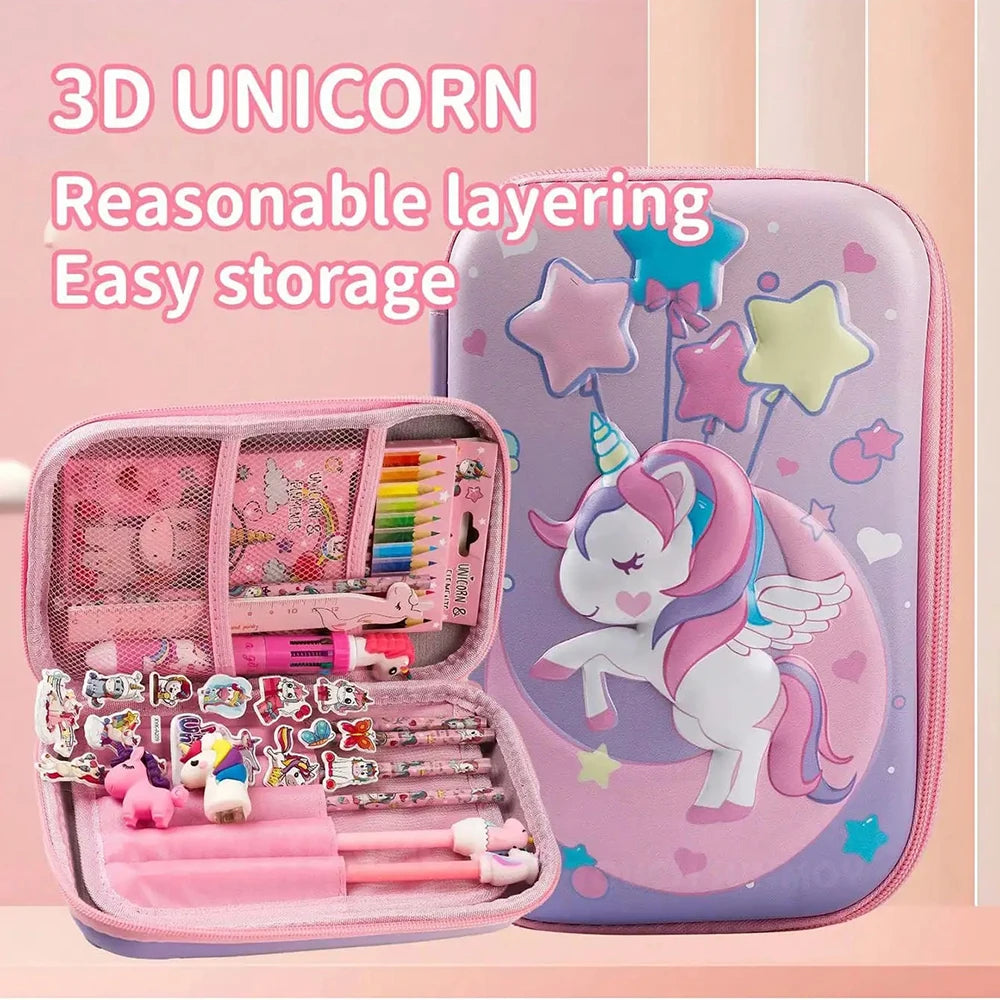 26Pcs 3D EVA Pencil Case Unicorn Dinosaur Stationery Set Pencil Pouch with Pencils Eraser Sharpener Stickers School Supplies Qme