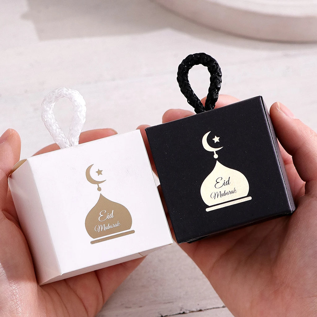 Set of 5 Elegant Mini Eid Al-Adha Gift Boxes with Gold Design and Twist Handles Perfect for Storing Candies, Chocolates and Sma Qme