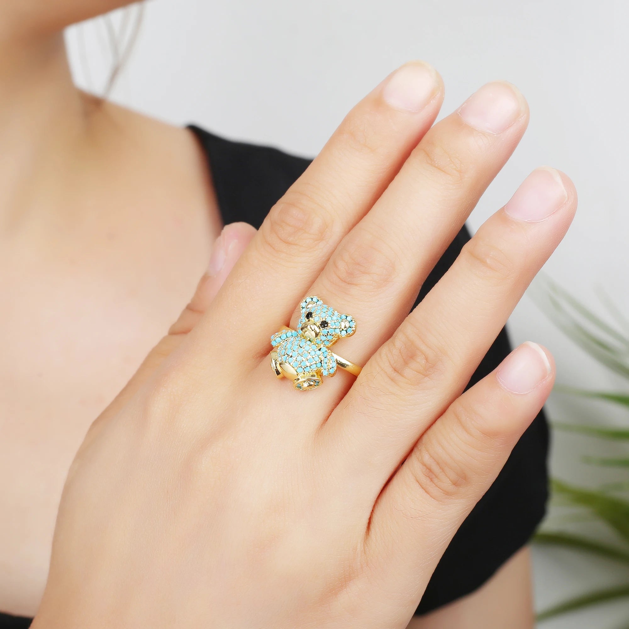 Cute Shiny Cubic Zirconia Animal Bear Ring Adjustable High Quality Women Fashion Party Jewelry Gift Daily Wear Dropshipping Qme