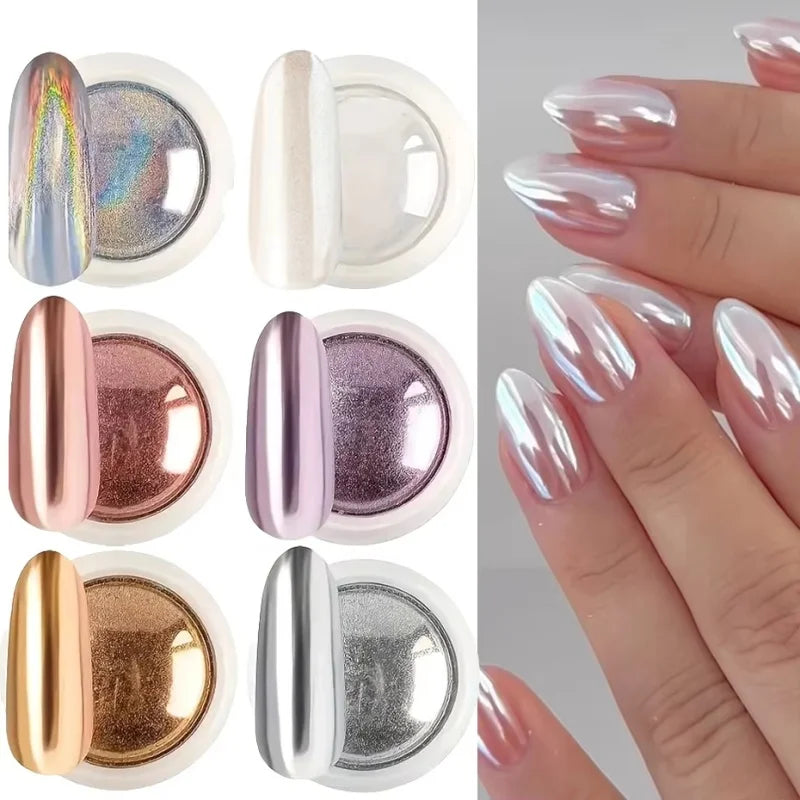 6 Box Moonlight Mirror Nail Powder Silver Fine Glitter Metallic Effect Pigment Gel Polish Chrome Holographic Nail Powder Qme