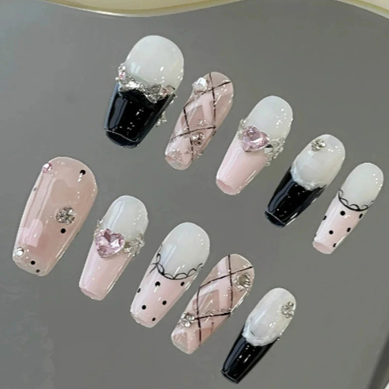 Black Pink Edge French Press Nails Wearable Med-length Ballet False Qme