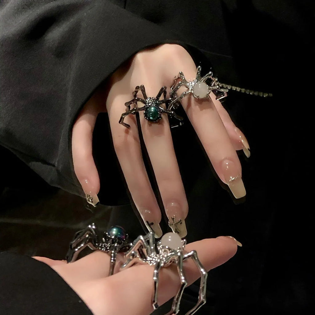Punk Dark Spider Open Ring Retro Moonstone Black Ring For Women New Gothic Jewelry Dropshipping Wholesale Gift Punk Rings Girl Qme