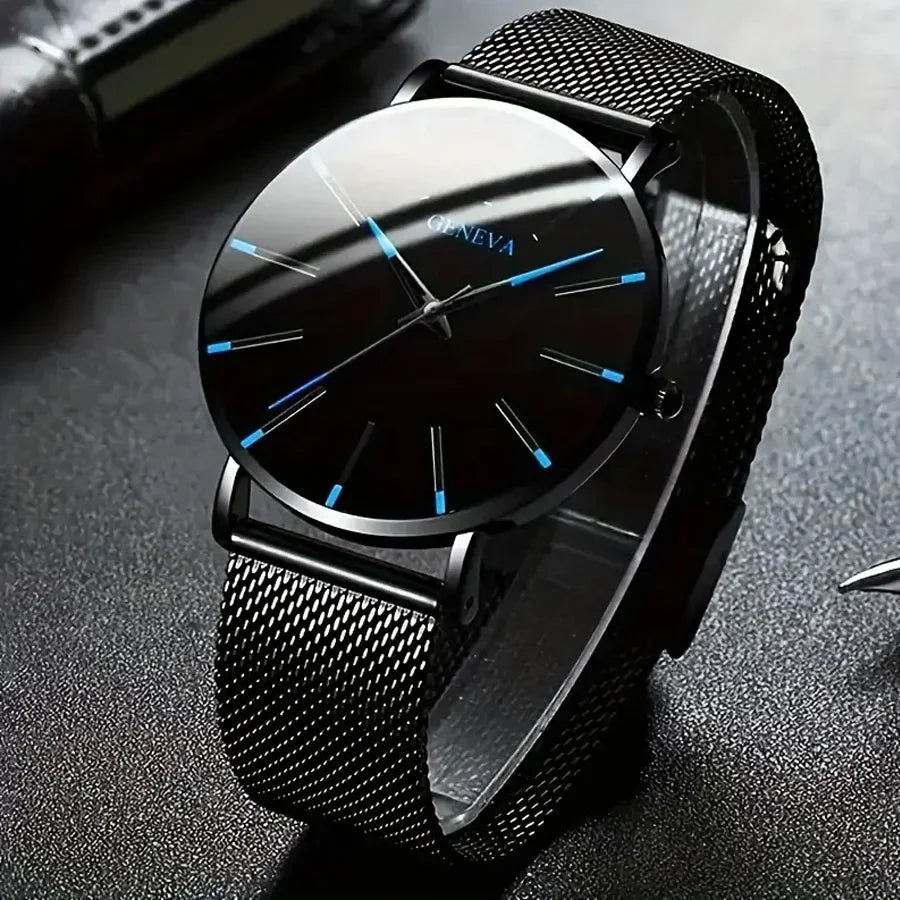 Professional 3-Piece Minimalist Alloy Mesh Quartz Watch Set for Men (No Box) Qme
