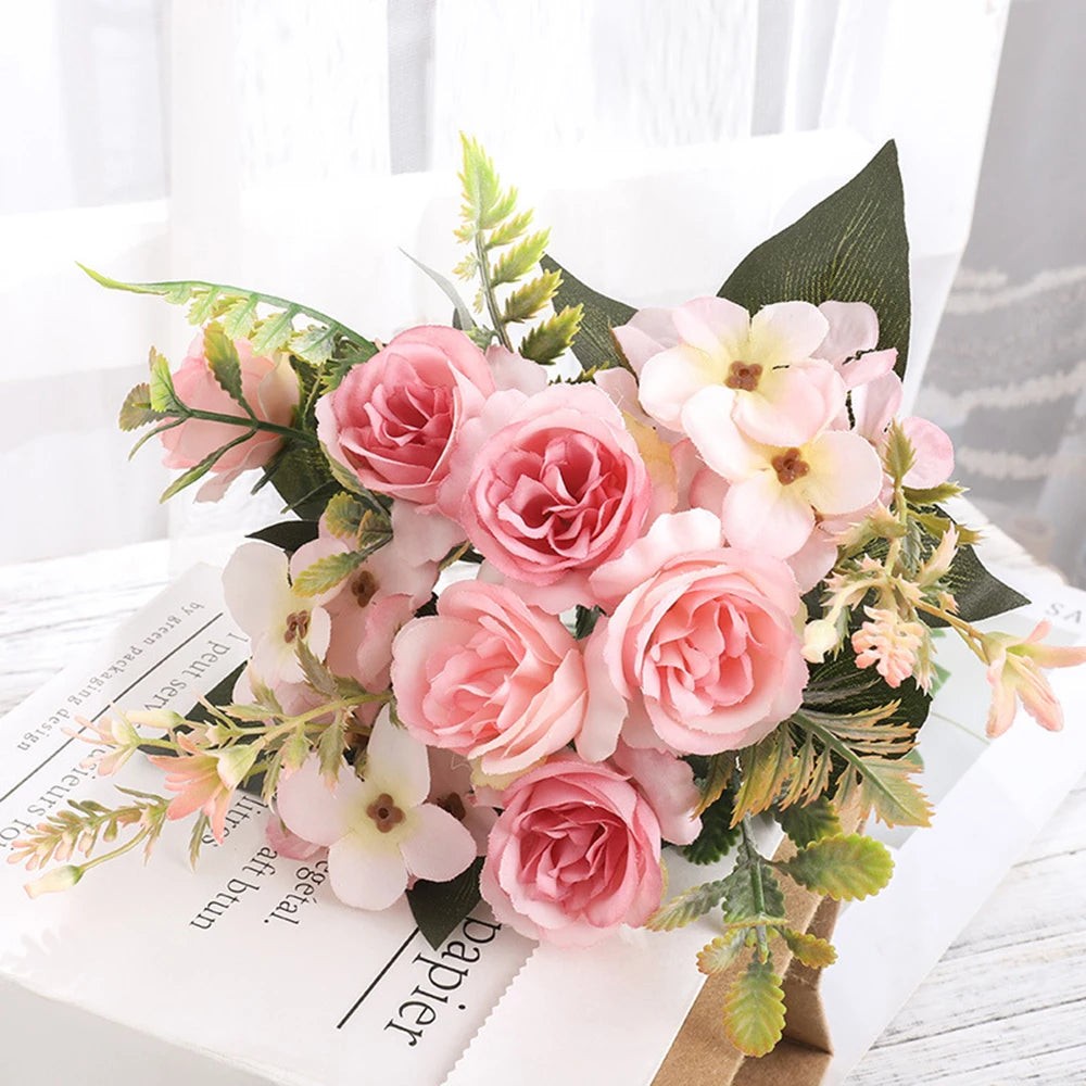 Home Decor Roses Autumn Artificial Flowers Silk Peony Hydrangea Big Bride Bouquet Wedding Home Party DIY Decoration Fake Flowers Qme Pink