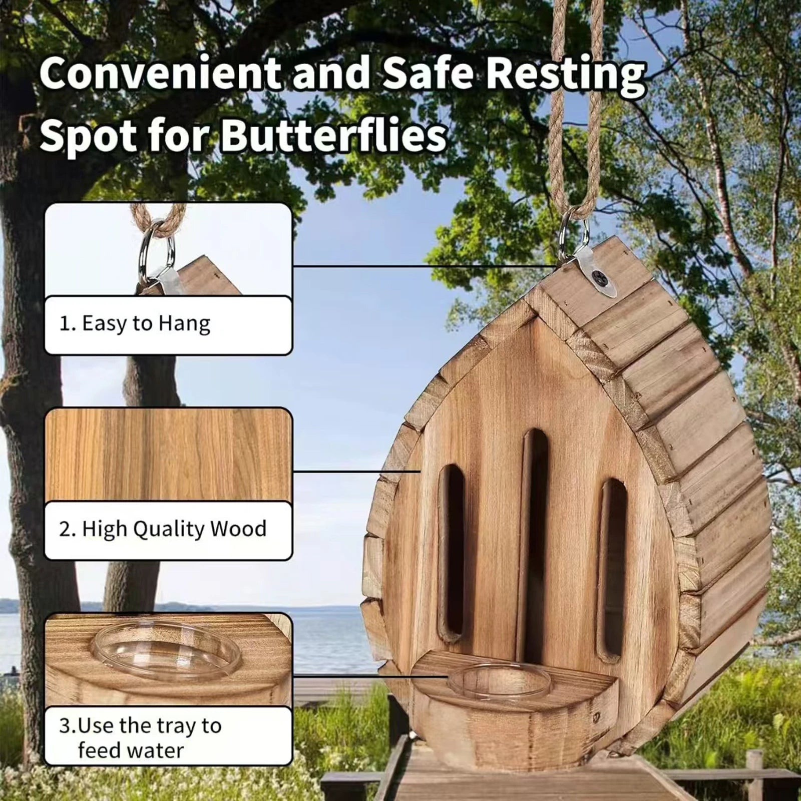 Wood Butterflies Houses with Rope Wooden Butterfly Habitat & Feeder 2In1 Hangable Decorative Nesting Box for Moths Bee Insect Qme