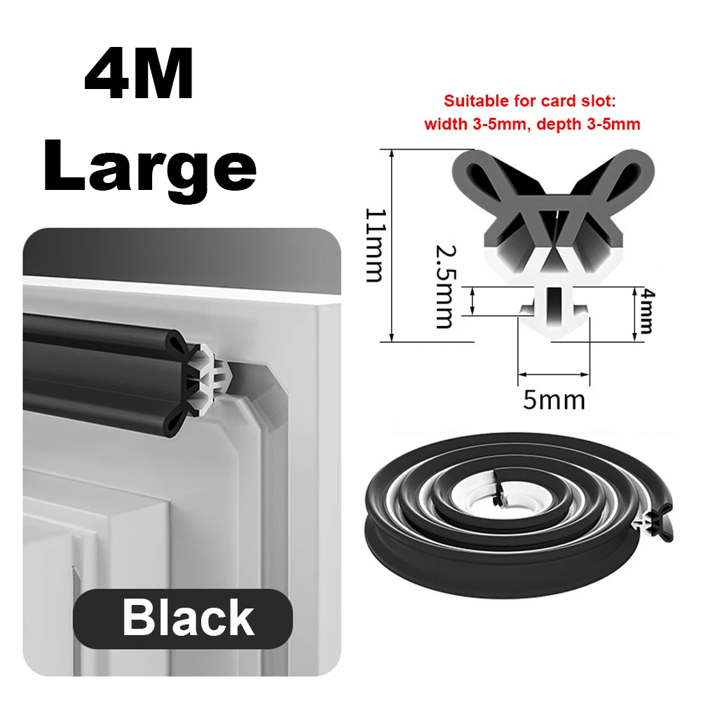 4M/Roll Window Sealing Strip Card Slot Type Soft TPE Draft Stopper Card Slot Type Multi-layer Sealing Window Weatherstripping Qme Large Black