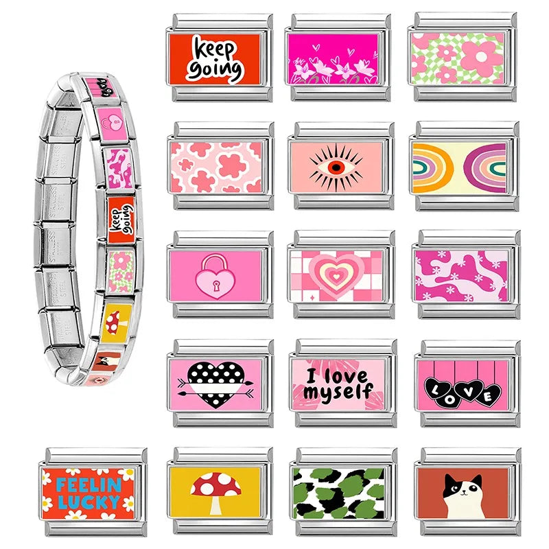 Y2K Wholesale Love Heart I love myself Flowers Italian Charm Link Fit 9mm Stainless Steel Jewelry DIY Making Women Bracelet Gift Qme