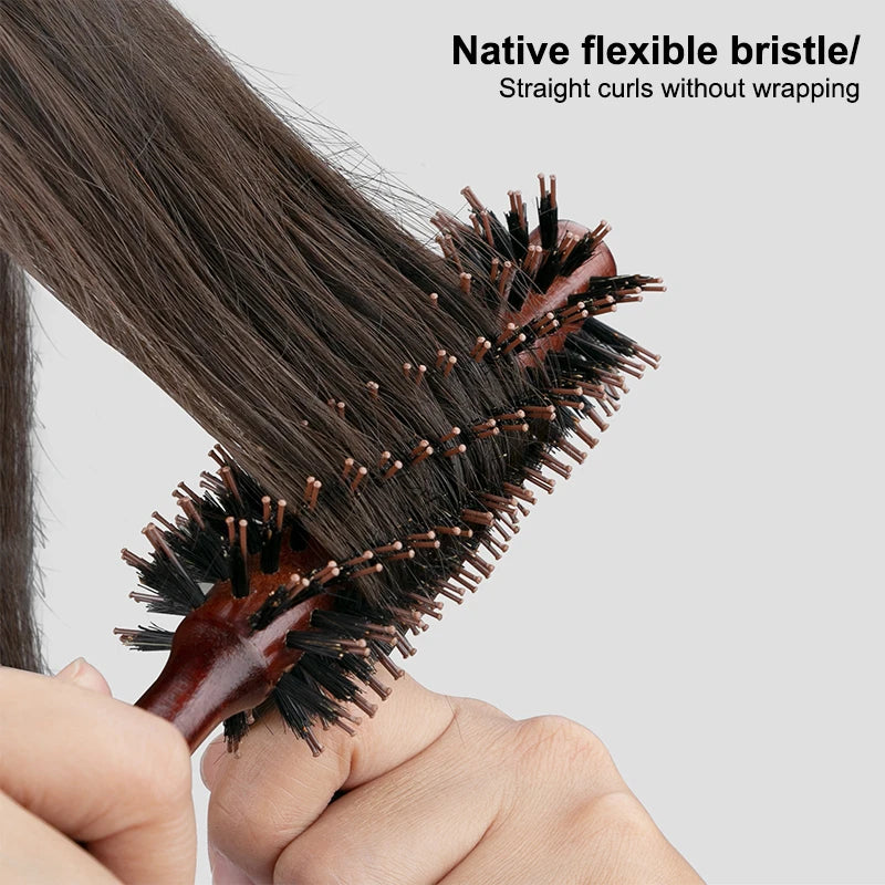 10 12 14Rows Anti Static Wood Boar Bristle Hair Round Brush Dryer Qme