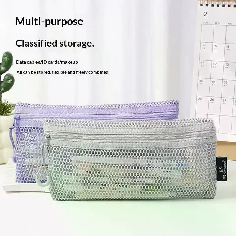 Breathable Mesh Zipper Storage Pouch Visible Large Capacity For Stationery Cosmetics Cables Travel Qme