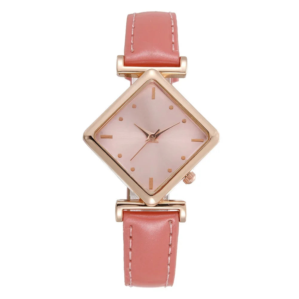 Women's Watch Elegant Rhombus Pointer Quartz Watch Retro Fashion Analog PU Leather Wrist Watch Qme Pink No