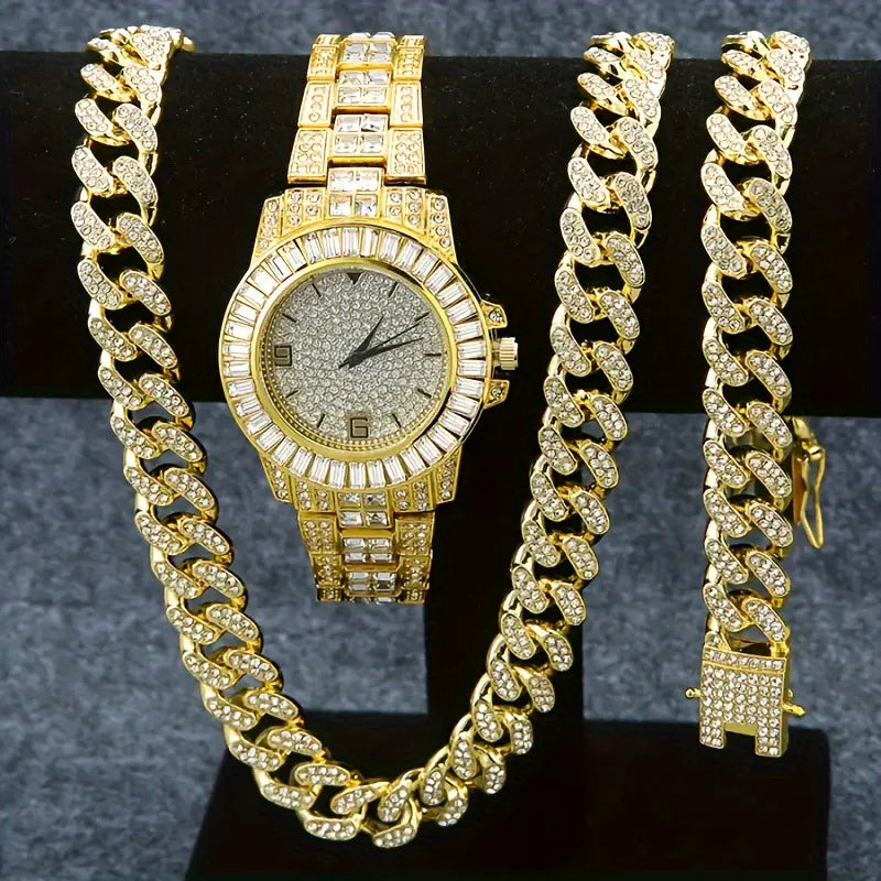 3cps hot selling men's and women's hip-hop watch sets, men's Cuban necklace bracelet sets, Christmas gifts Qme Coffee