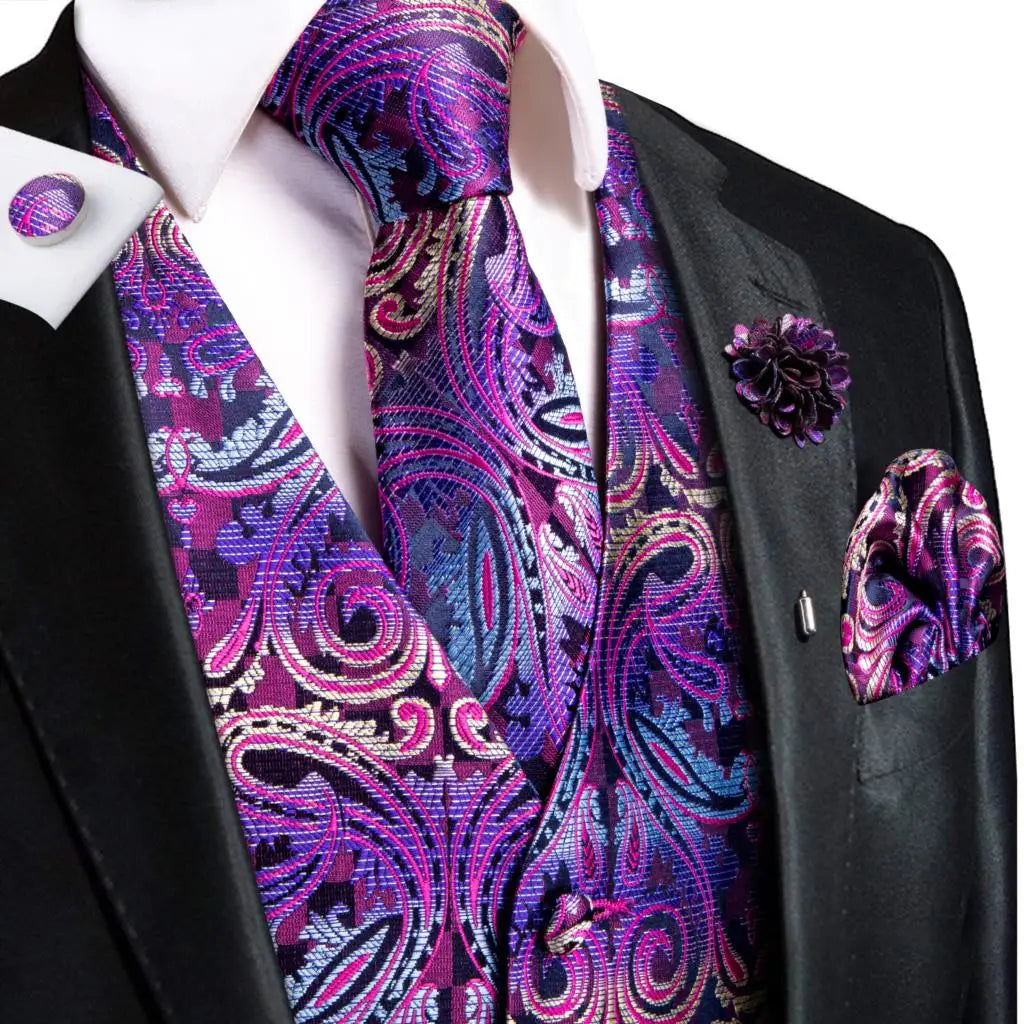 Mens Vests Jacquard Waistcoat Neck Tie Hanky Cufflinks Brooch Men