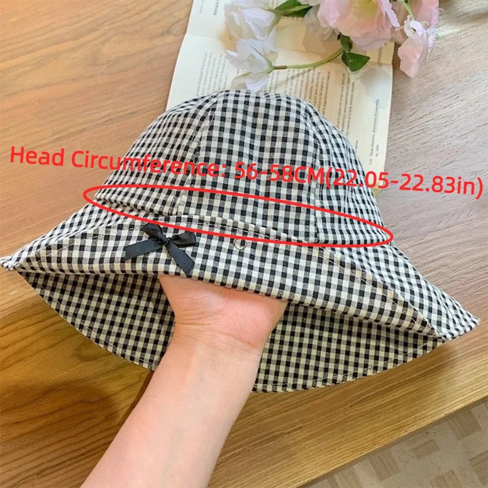 Stylish Black Bowknot Plaid Bucket Hat Casual Gingham Check Wide Brim Sun Hat Dome Basin Versatile Fisherman Hat Vacation Qme