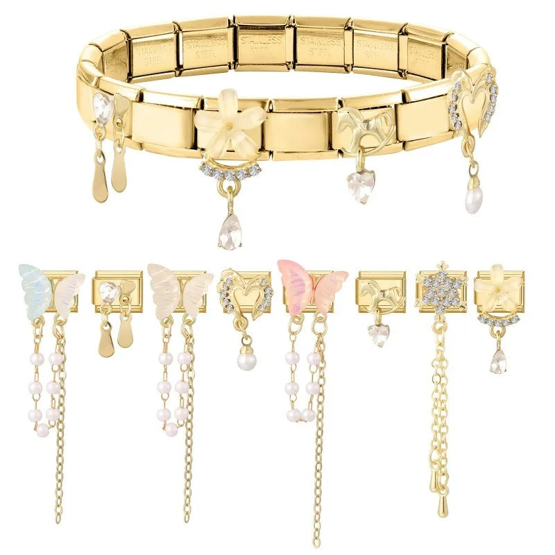 New Shiny Snowflake Zircon Pearl Tassel Chain Italian Charm Links Fit 9mm Stainless Steel Bracelet Women Jewelry DIY Making Gift Qme