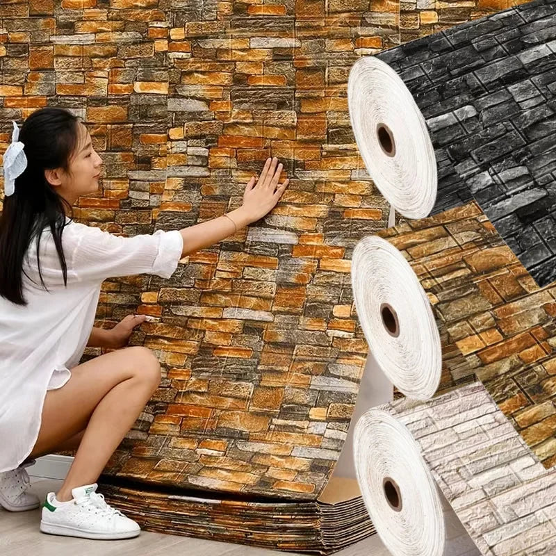Retro 3D Wall Sticker 70cmx1m Brick Texture Self Adhesive Wallpaper Waterproof Anti-stain Living Room Indoor House Wall Decor Qme