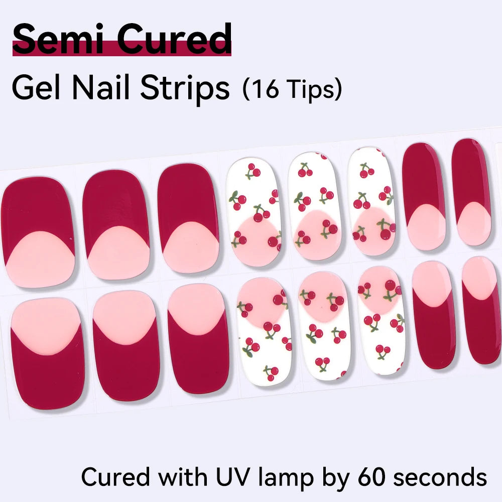 16Tips Cute Cartoon Semi Cured Gel Nail Strips French Cherry Soccer Qme NF250050