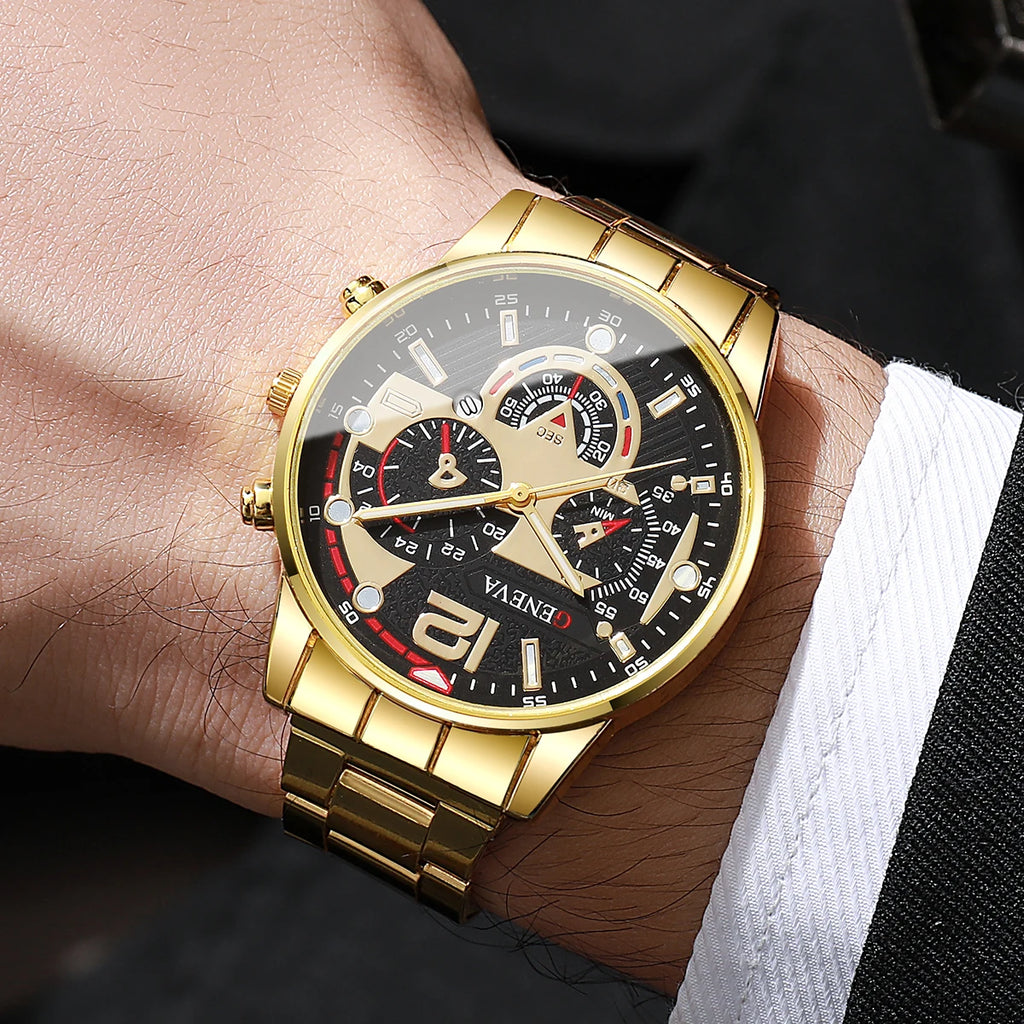 3 pc/set moda masculina relógios de negócios luxo homem quartzo relógio de pulso data reloj hombre (sem caixa) Qme gold