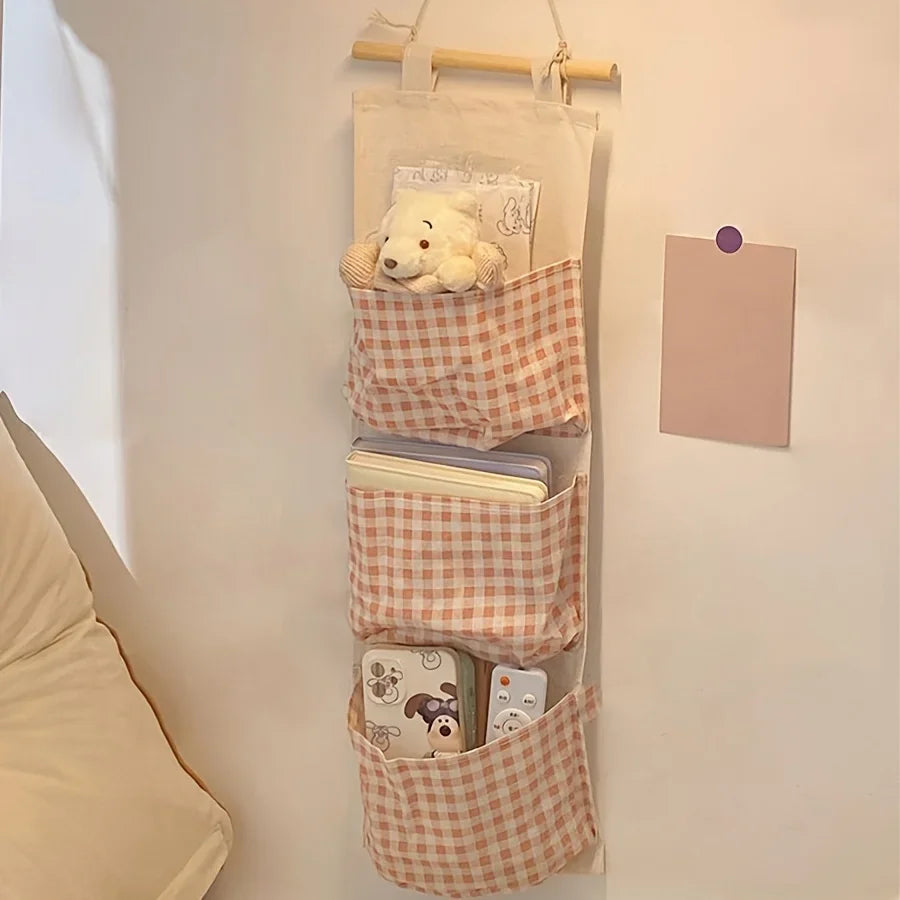 Pink Storage Bag Rack Canvas Wall Mounted Bedroom Storage Bag Multifunctional for Books, Jewelry, and Miscellaneous Items Qme