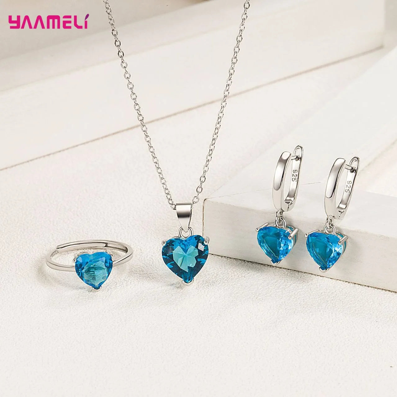 Fine 925 Sterling Silver Color Jewelry Gift Sets for Women Female Romantic Heart Zircon Huggie Earrings Pendant Necklace Ring Qme