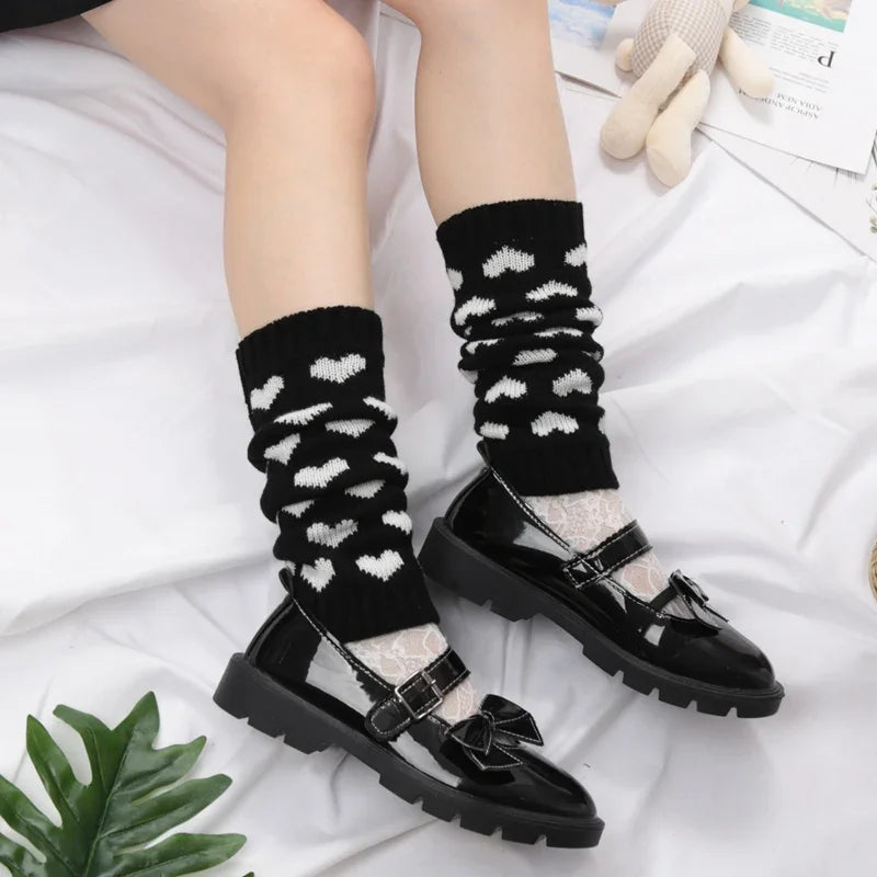 Y2K Woman Leg Warmers Japanese Lolita Autumn Winter Heart Black Knee Qme black Length-33cm