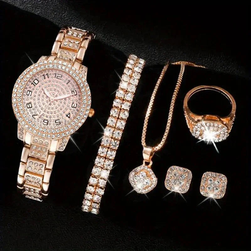 6-piece/set women's watch luxury rhinestone quartz watch hip-hop fashion watch and jewelry set, ideal choice for gifts Qme Rose set