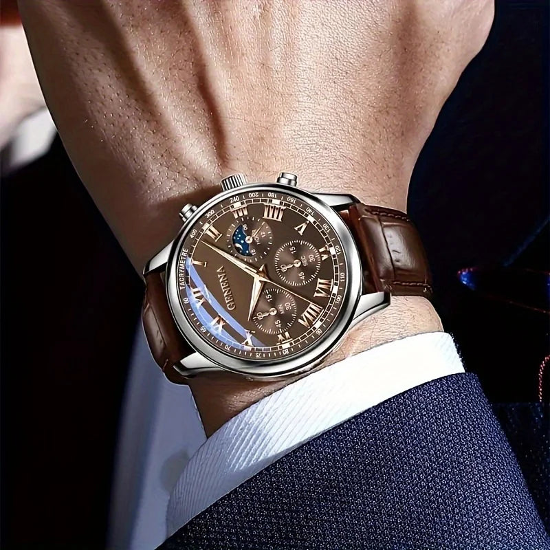 Geneva Business Watch Quartz Sports Watch Leisure Belt Men's Watch Men's Watch Brown Black Large Dial Qme