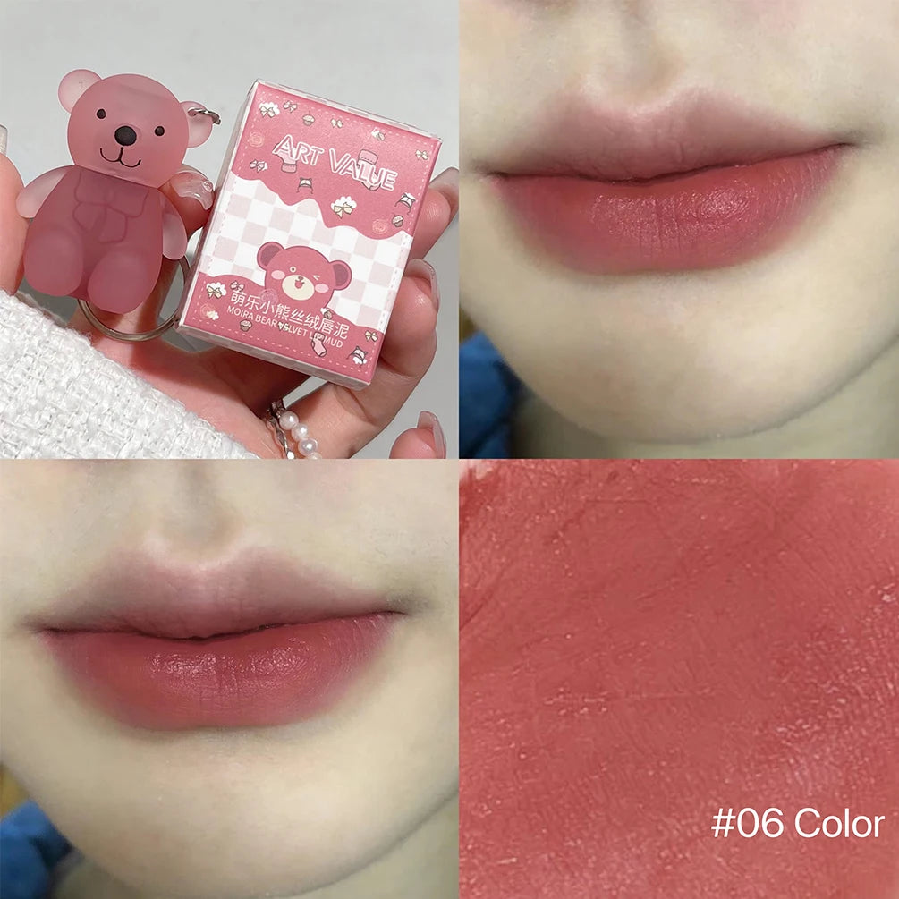 ART VALUE Cute Bear Lip Mud Keychain Matte Nude Red Lip Gloss Non-stick Cup Lipstick Waterproof Long Lasting Lipgloss Cosmetics Qme 06