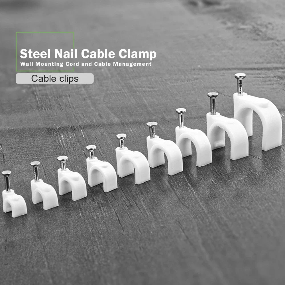 100PCS Steel Nail Cable Clamp Circular Cable Fixing Clip 4/5/6/7/8/9/10/12mm Management Power Cord Wall Mounted Cable Cord Clip Qme