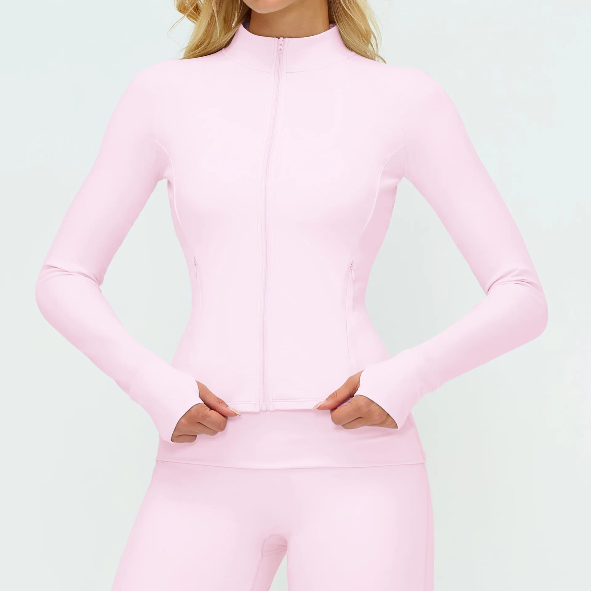 A Summer Ultra-Soft Fabrics Tight Sports Jackets Women Zipper Gym Yoga Clothes Female Quick-Dry Long Sleeve Sportswear Qme Sakura powder M