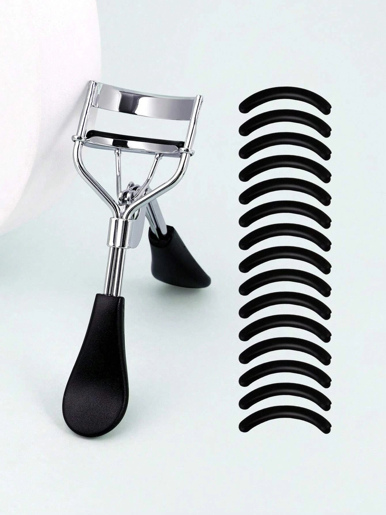 Eyelash Curler 15 Silicone Pads Portable Stainless Steel Gold Curling Qme 1PC-Black Silver