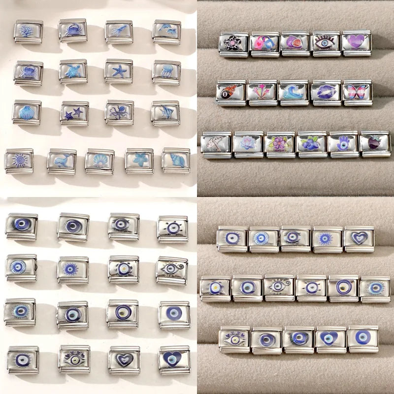 Wholesale Women Fashion Blue Pattern Sea Wave Blueberry Eyes Italian Charm Fit 9mm Stainless Steel Bracelet Jewelry Making DIY Qme