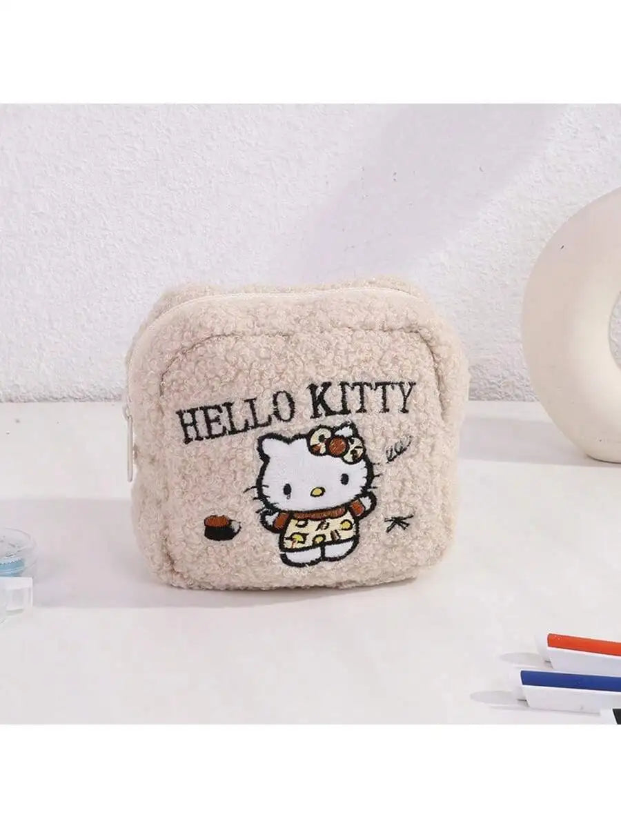 Sanrio Hello Kitty Pattern Makeup Bag Chestnut Embroidery Fashionable Qme White curly-haired S