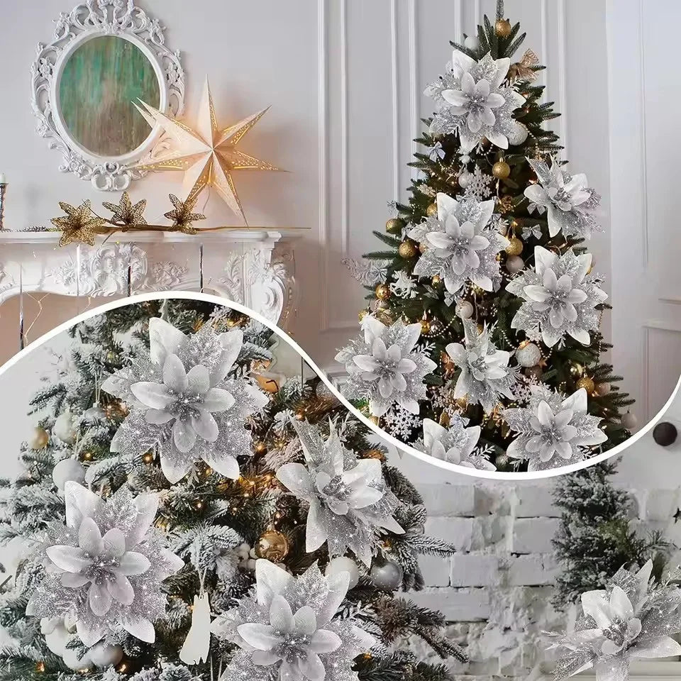 10pcs Glitter Christmas Artificial Flowers Christmas Tree Hanging Ornaments Fake Flower for Home 2025 Xmas New Year Navidad Gift Qme