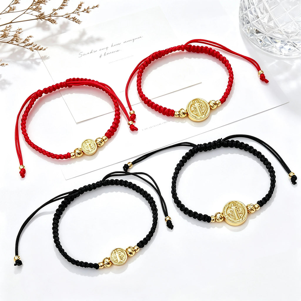 Adjustable St. Benedict Red Black Rope Braided Bracelet Gold Plated Protection Religious Jewelry for Men Women Daily Party Gift Qme